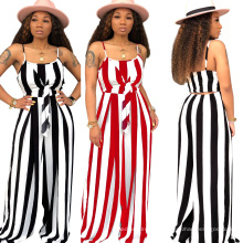 2021 Summer wholesale fashionable casual ladies rompers women's wide leg pants women bandage lace up striped halter jumpsuit
